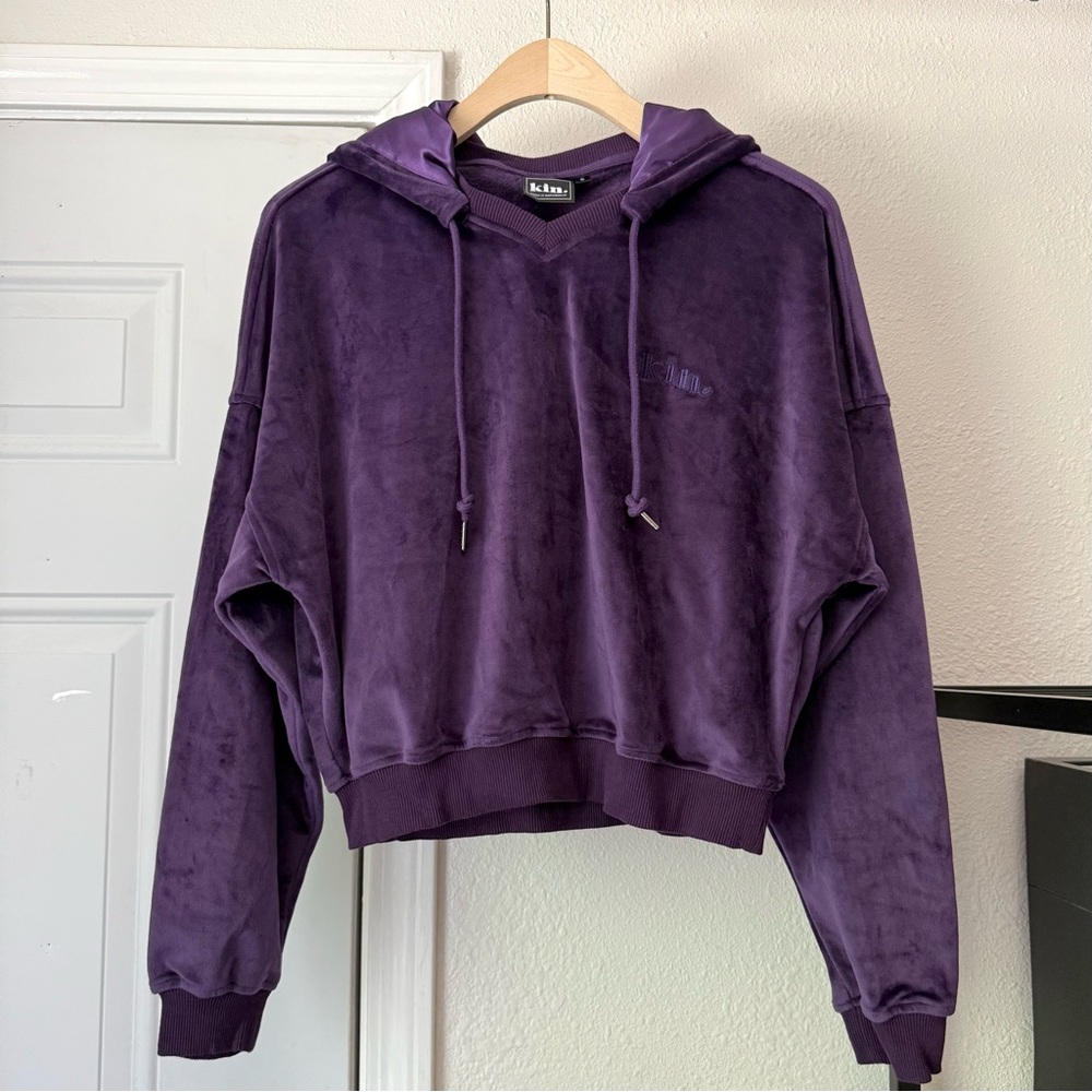 KIN APPAREL purple knit suede velour velvet‎ boxy oversized cropped hoodie